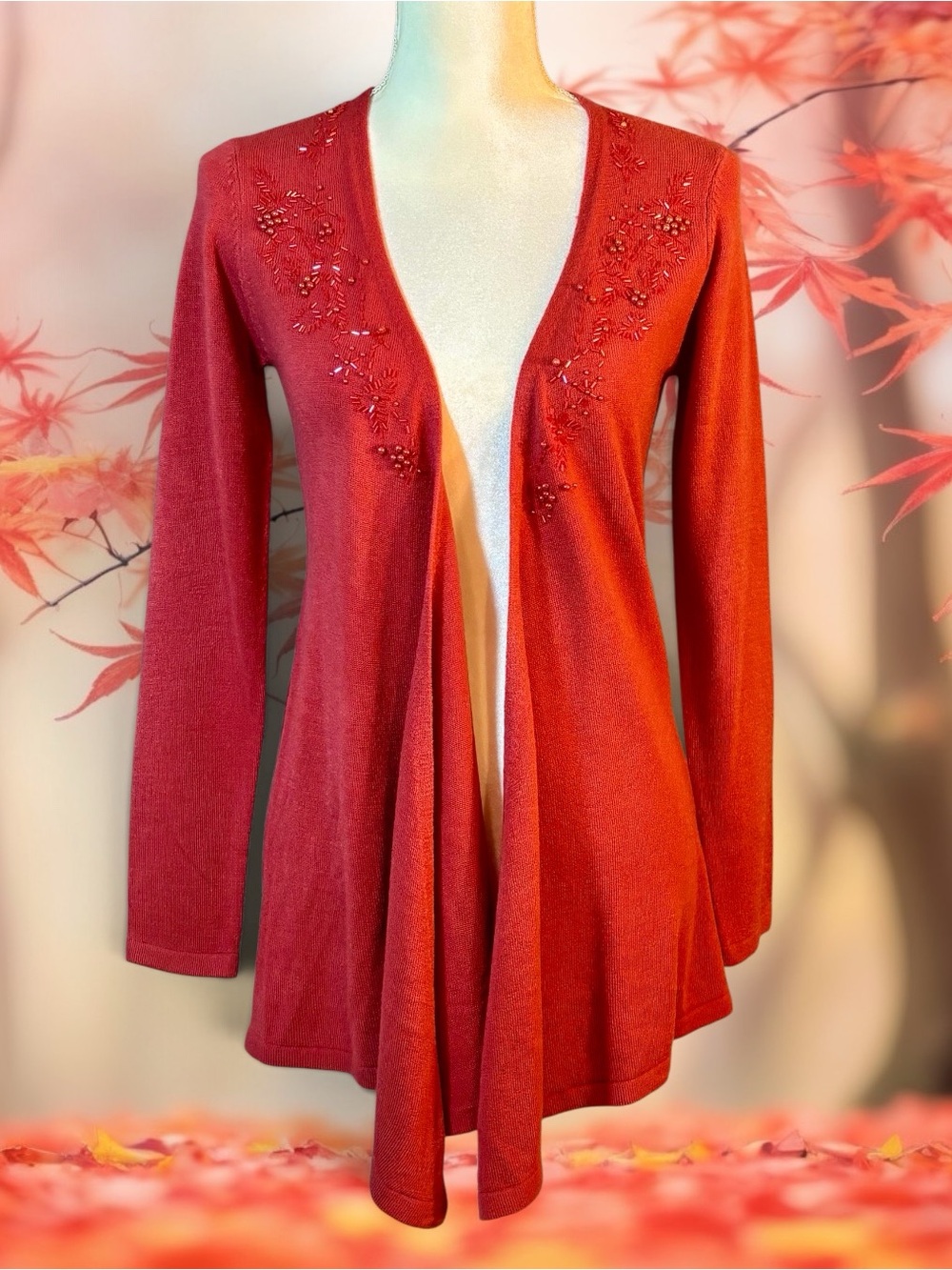 Carol Rose Embellished Open-Front Terracotta Cardigan Sweater